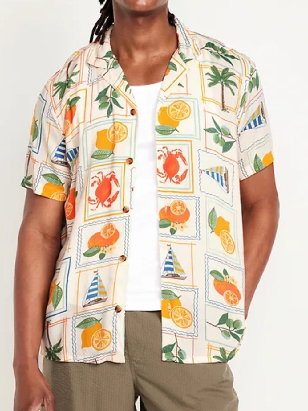Old Navy Slub Knit Camp Shirt Tropical Citrus Tile Mens Small